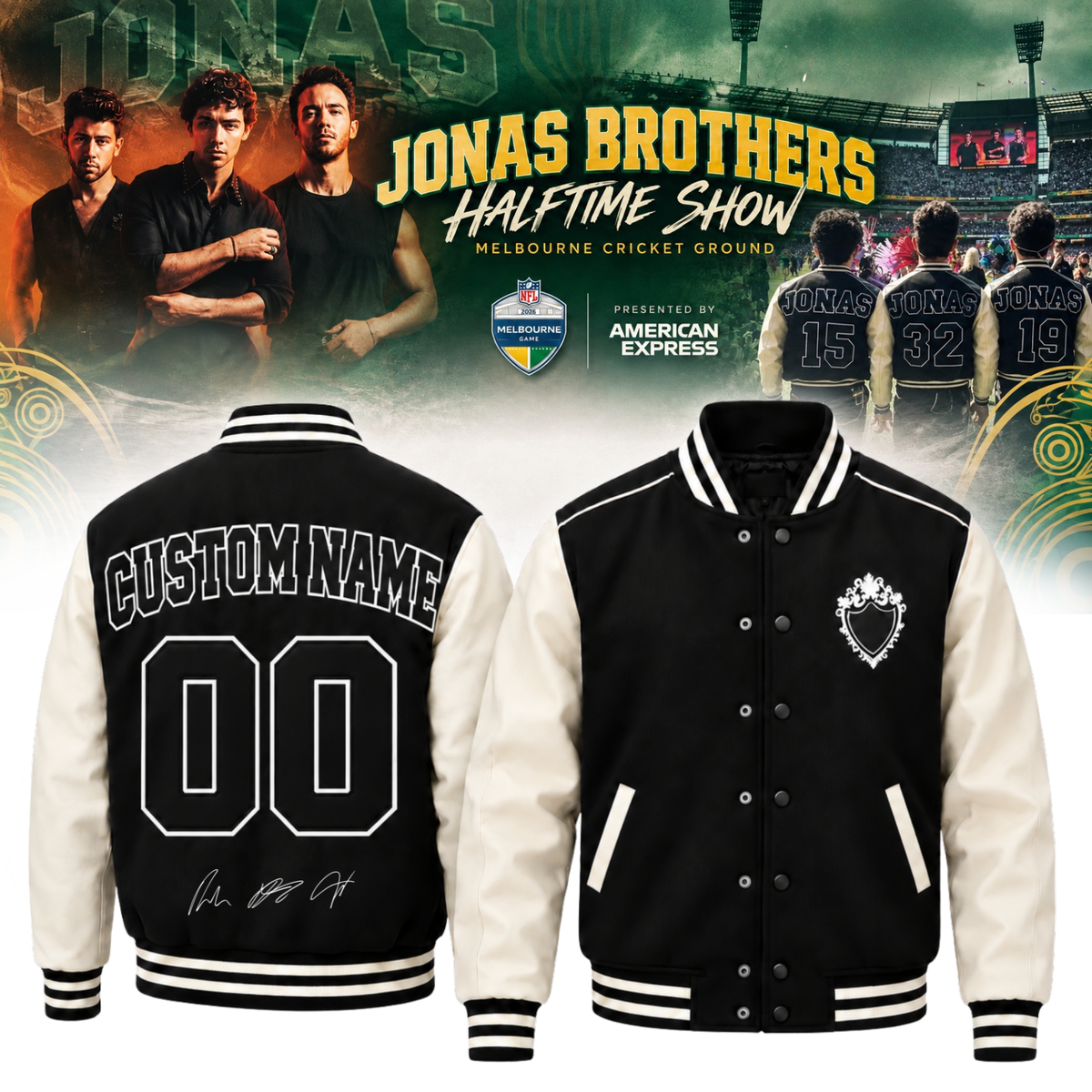 __NFL x Jonas Brothers ” Halftime Show at 2026 NFL Melbourne Game LIVE on Netflix ” – Bomber (Custom name & Number)