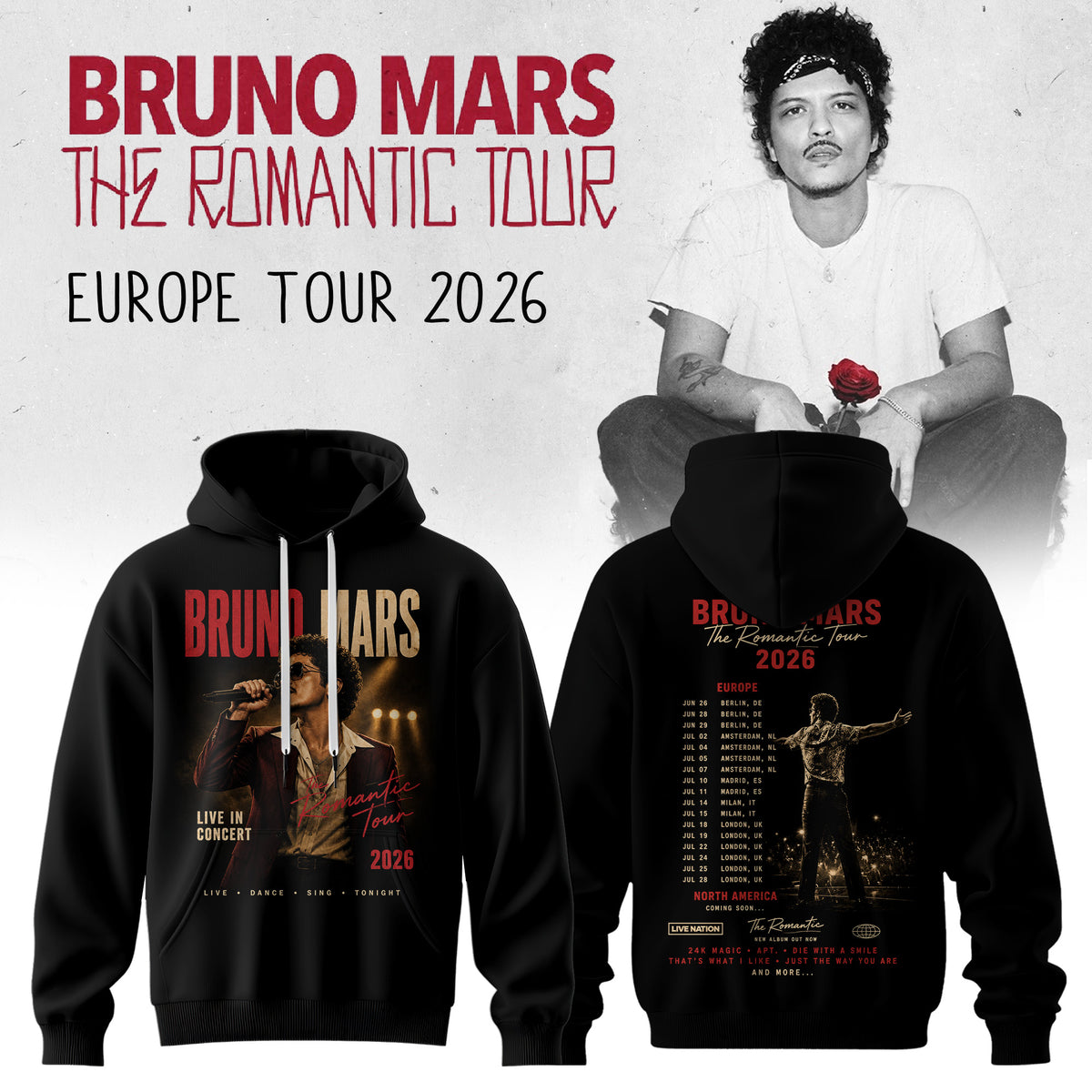 Bruno Mars – The Romantic Tour US & UK 2026 Limited Hoodie