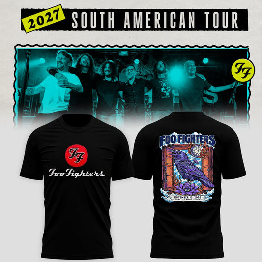 Foo Fighters Tour Poster Artwork Featuring Purple Raven Clock And Lotus Flower T-Shirt