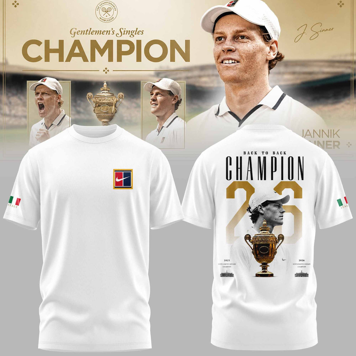 Limited Edition Jannik Sinner 2026 Wimbledon Champions T-shirt