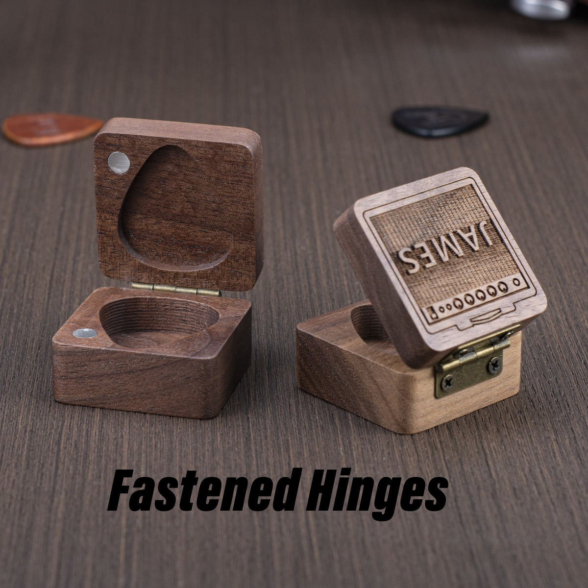 Personalized Walnut Guitar Pick Case: Engraved Plectrum Box, Guitarist Gift