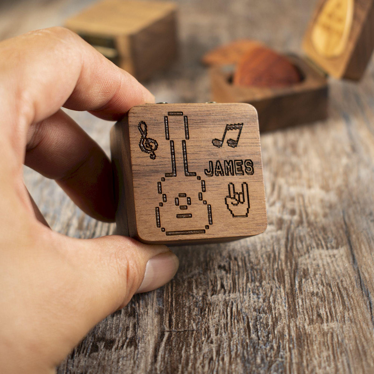 Personalized Pixel Art Guitar Pick Case: Engraved Walnut Wood Plectrum Box