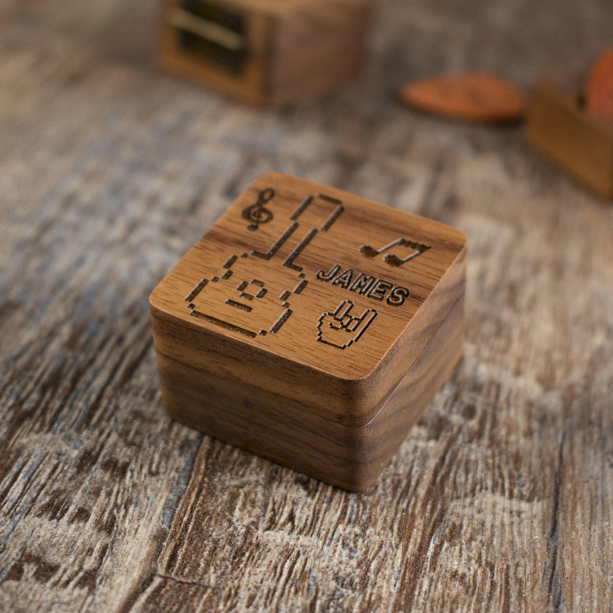 Personalized Pixel Art Guitar Pick Case: Engraved Walnut Wood Plectrum Box