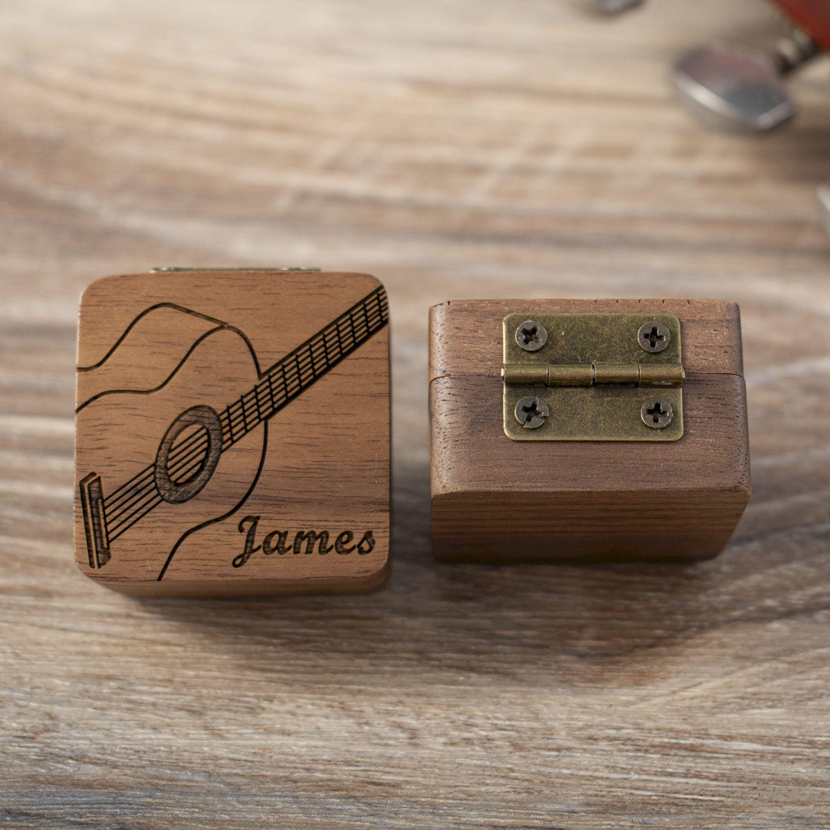 Personalized Walnut Guitar Pick Case: Engraved Plectrum Holder, Guitarist Gift
