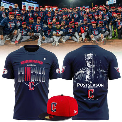 Men's Cleveland Guardians 2026 Postseason Clinched T-Shirt - Stand Guard MLB Playoffs Graphic Tee Navy with Sleeve Print