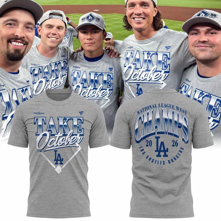 Men's Los Angeles Dodgers Gray 2026 MLB Division Series Champions Distressed Locker Room Take October T-Shirt