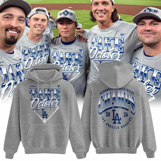 Women's Los Angeles Dodgers Gray 2026 MLB Division Series Champions Distressed Locker Room Take October Hoodie