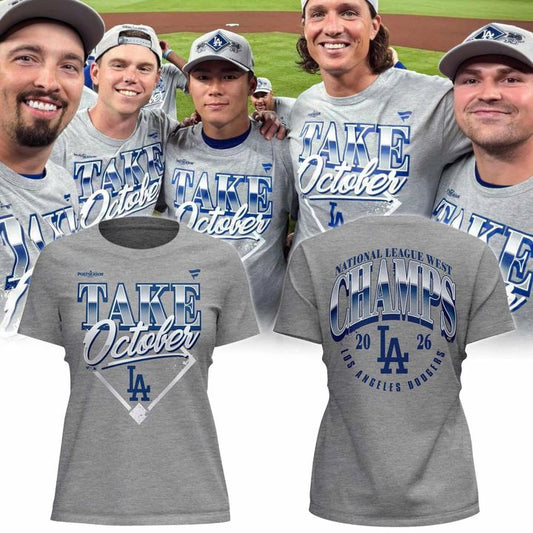 Women's Los Angeles Dodgers Gray 2026 MLB Division Series Champions Distressed Locker Room Take October T-Shirt