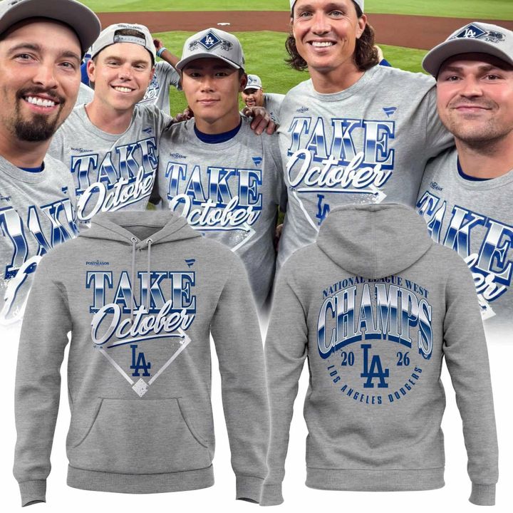 Men's Los Angeles Dodgers Gray 2026 MLB Division Series Champions Distressed Locker Room Take October Hoodie