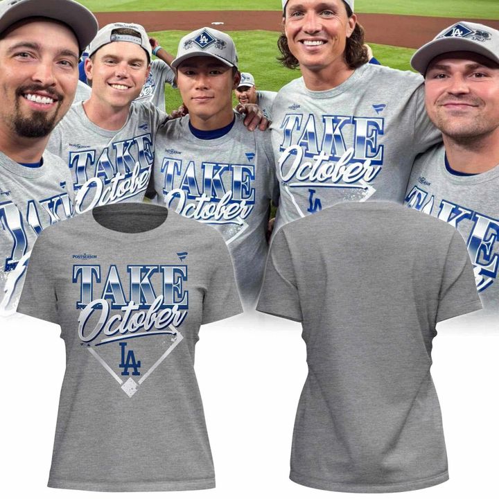 Women's Los Angeles Dodgers Gray 2026 MLB Division Series Champions Distressed Locker Room Take October T-Shirt