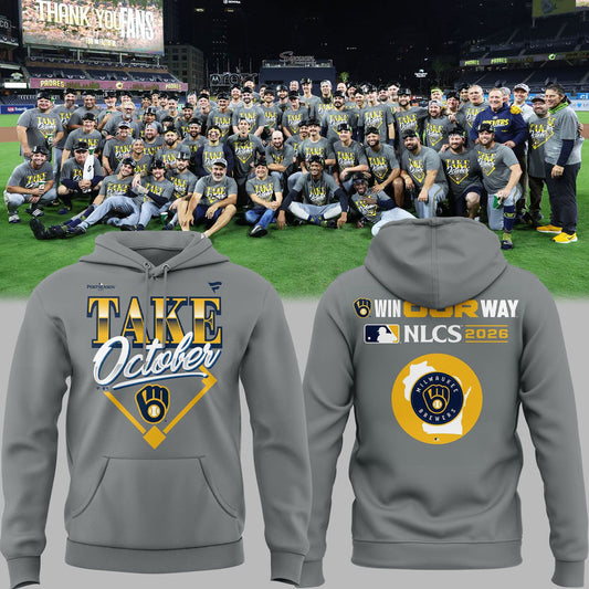 01.38. (Adult & Kids) Milwaukee Brewers Gray 2026 Division Series Champions Take October Hoodie