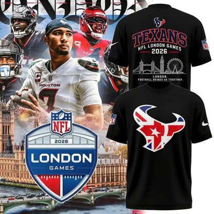 Houston Texans NFL London 2026 Black Graphic Tee Shirt with Team Logo