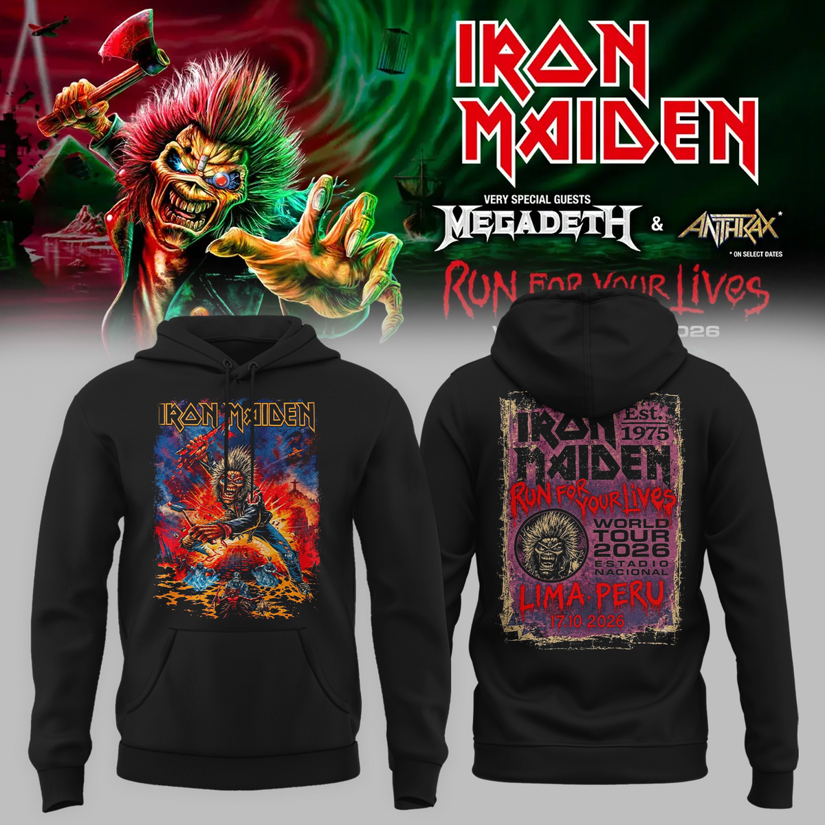 Iron Maiden Lima Peru Event Tee 2026 Live At Estadio Nacional Run For Your Lives Tour 17 October 2026 Two Sided Hoodie