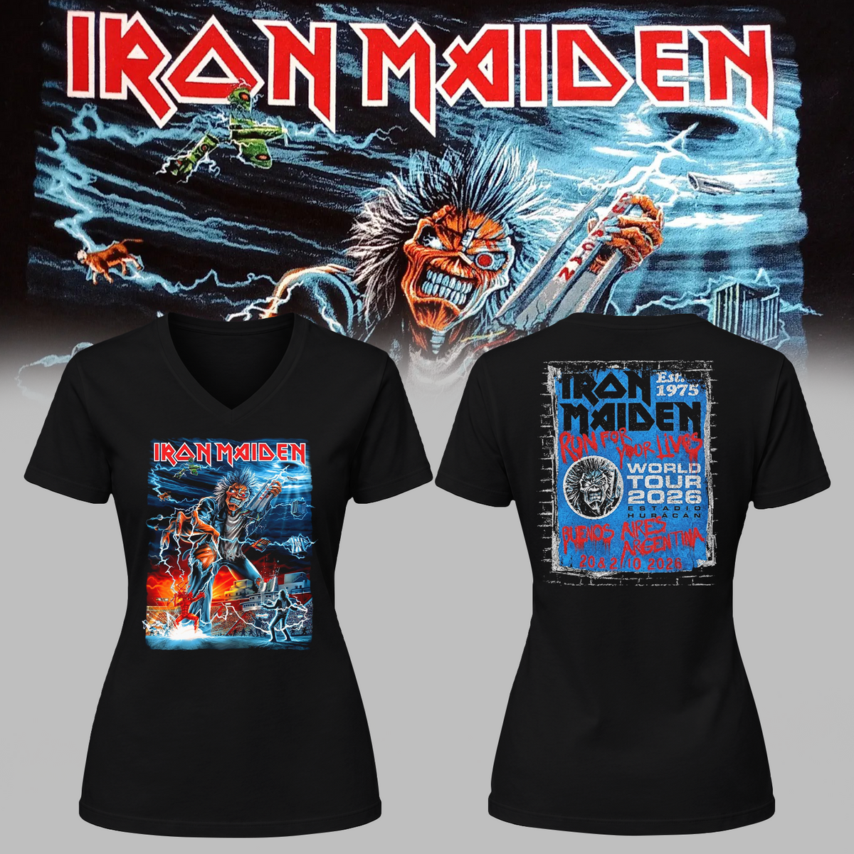 Iron Maiden Buenos Aires Argentina Event Tee 2026 Run For Your Lives Tour At Estadio Huracan 20 21 October 2026 Two Sided V Neck